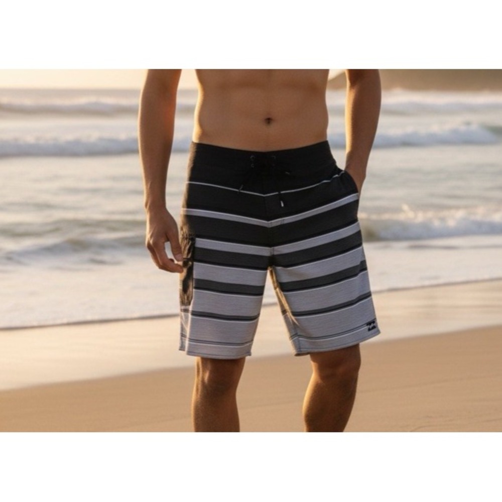 Billabong Men's 32 Platinum All Day Boardshorts Cargo Black Gray Striped‎ EUC